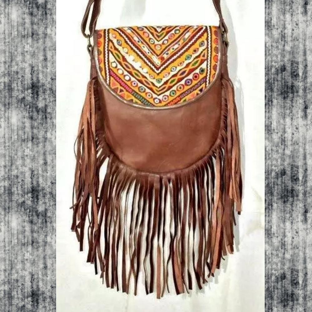 Vtg Leather Fringe Embroidered bag cross body free spirit boho hippie people